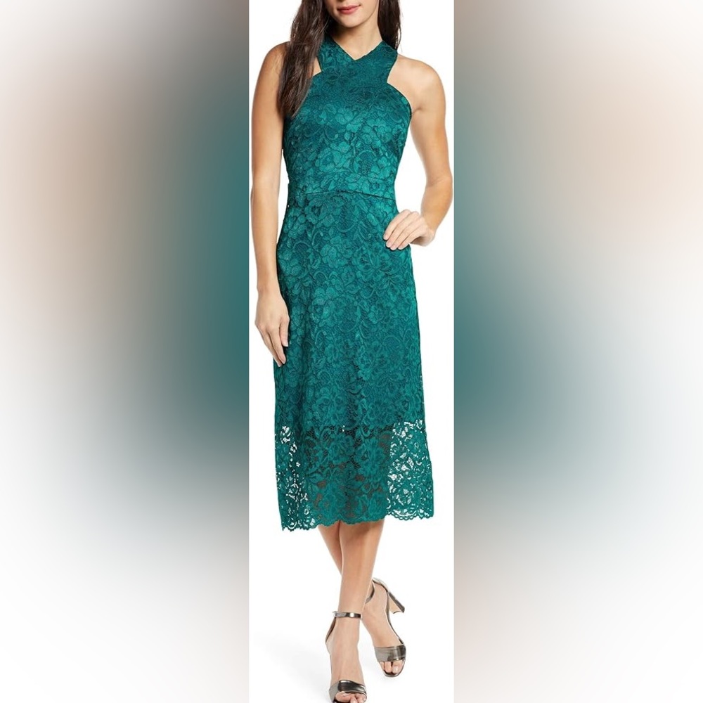 Sleeveless Teal Lace Midi Dress